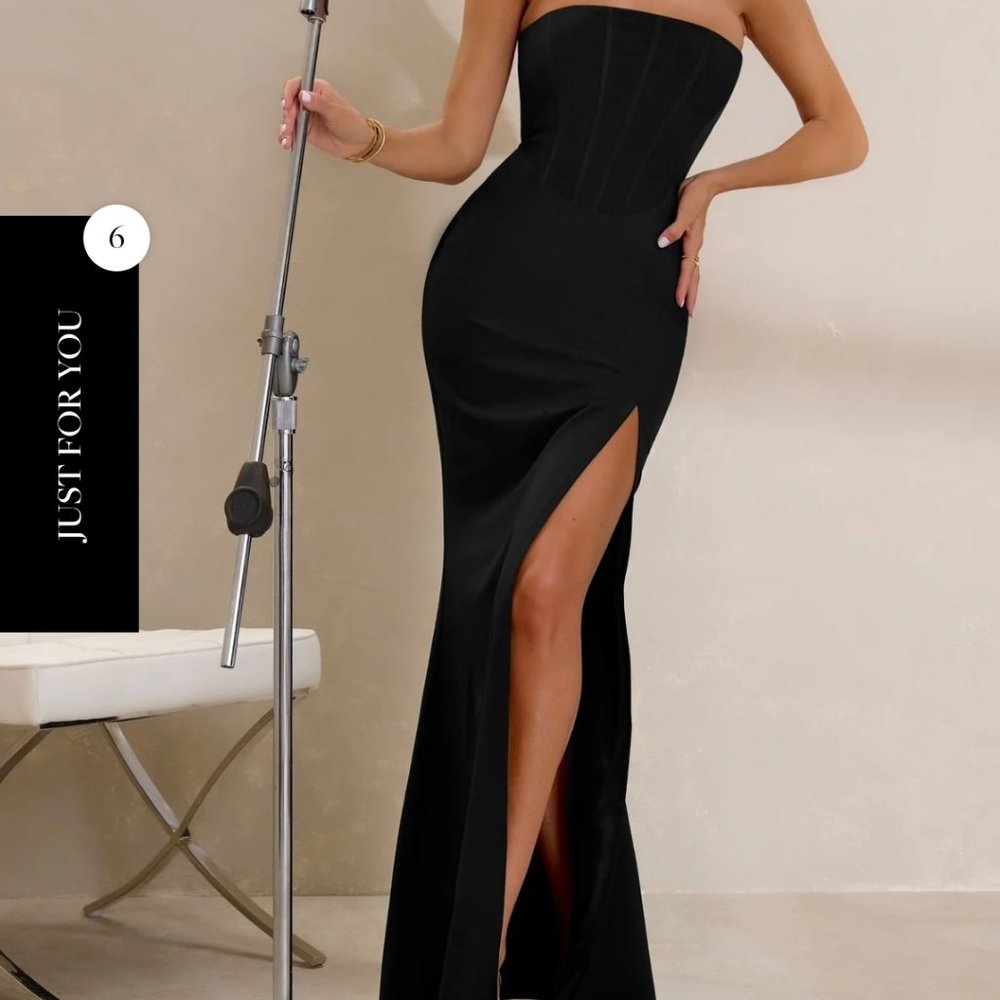 DAPHNE BLACK BANDEAU CORSET THIGH SPLIT MAXI DRESS